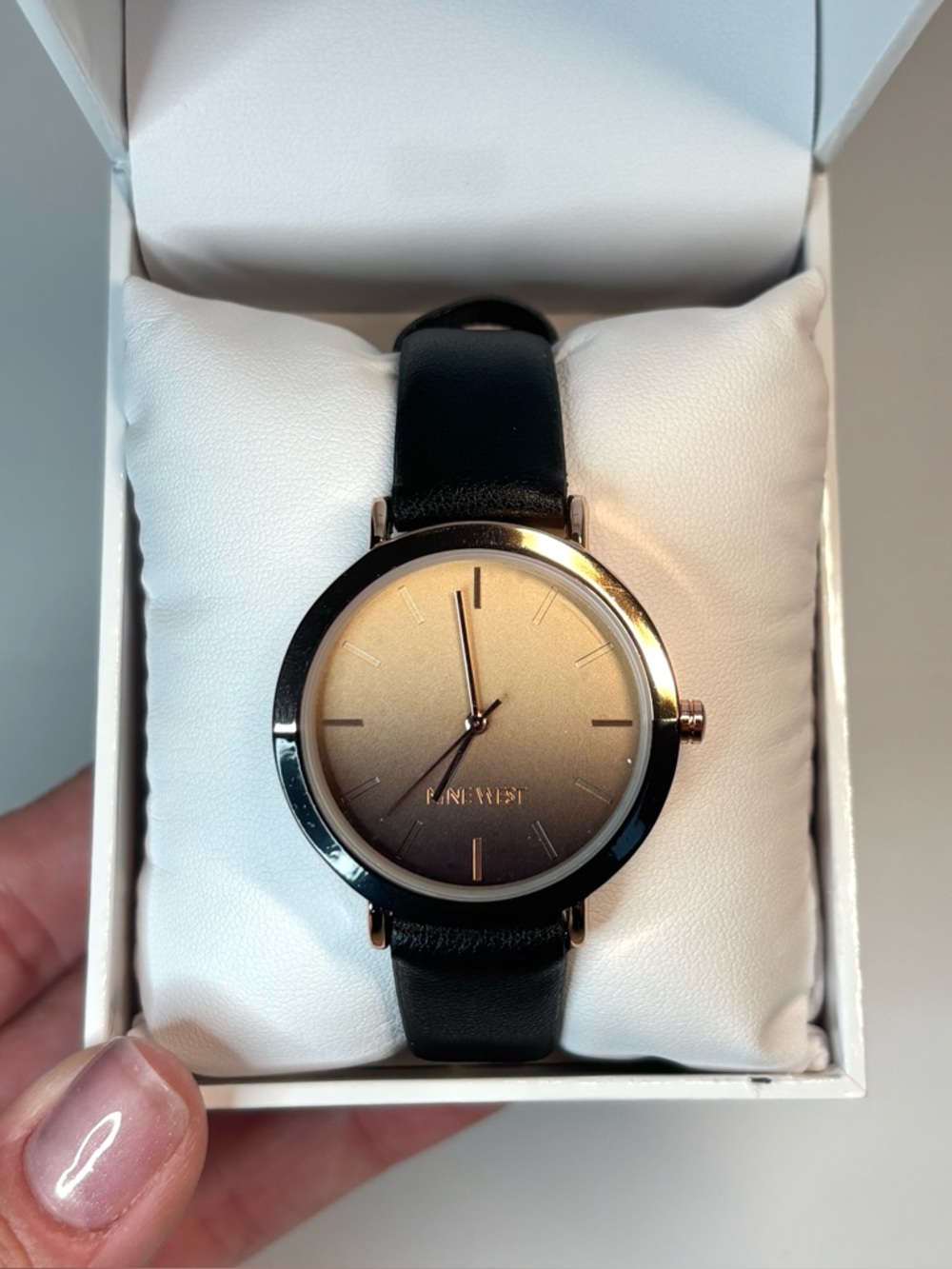 Nine West Black Leather Strap Watch with Gradient Gold Dial
